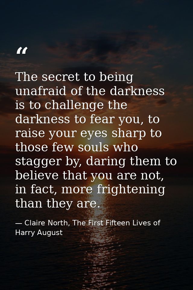 The secret to being unafraid of the darkness is to challenge the darkness to fear you, to raise your eyes sharp to those — Claire North, The First Fifteen Lives of Harry August