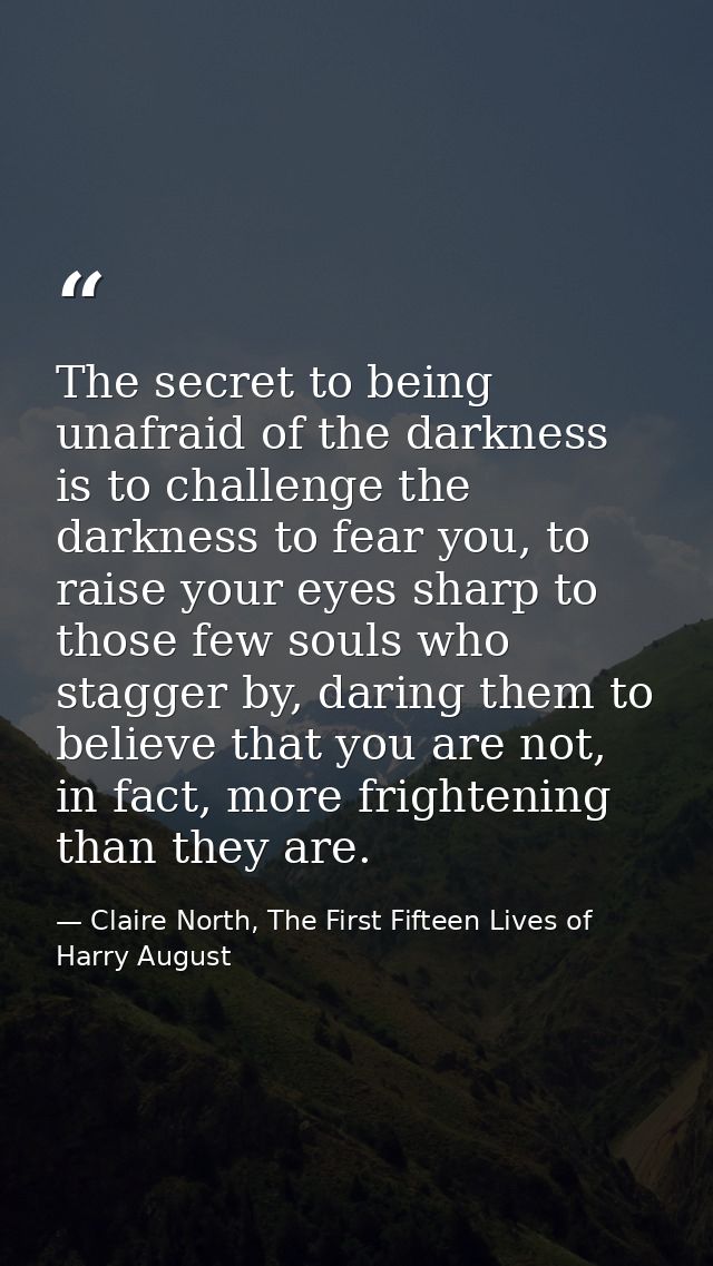 The secret to being unafraid of the darkness is to challenge the darkness to fear you, to raise your eyes sharp to those — Claire North, The First Fifteen Lives of Harry August
