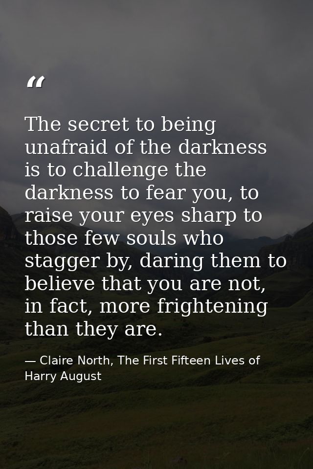 The secret to being unafraid of the darkness is to challenge the darkness to fear you, to raise your eyes sharp to those — Claire North, The First Fifteen Lives of Harry August