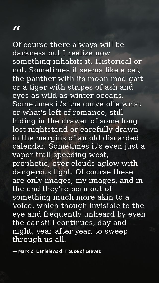 Of course there always will be darkness but I realize now something inhabits it. Historical or not. Sometimes it seems l — Mark Z. Danielewski, House of Leaves