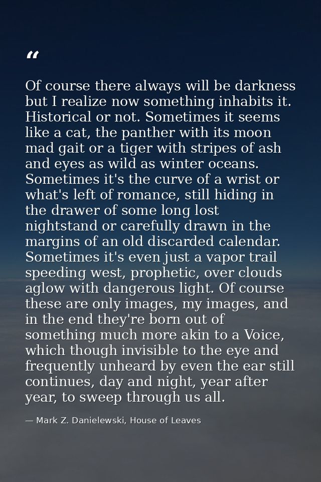 Of course there always will be darkness but I realize now something inhabits it. Historical or not. Sometimes it seems l — Mark Z. Danielewski, House of Leaves