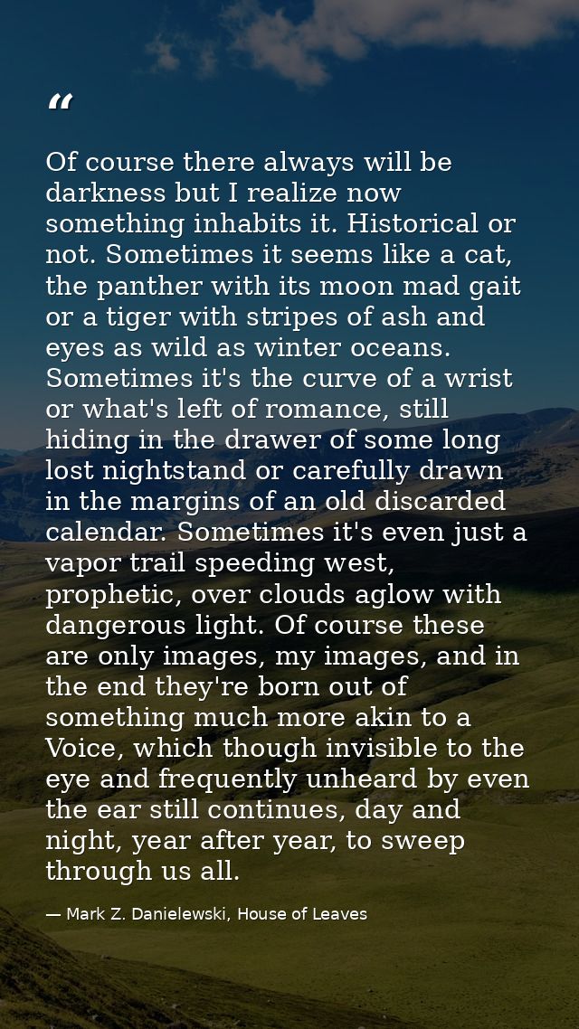 Of course there always will be darkness but I realize now something inhabits it. Historical or not. Sometimes it seems l — Mark Z. Danielewski, House of Leaves