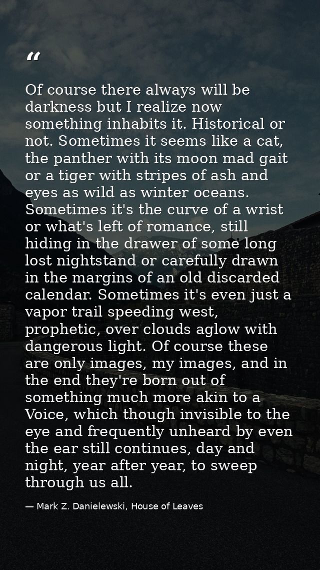 Of course there always will be darkness but I realize now something inhabits it. Historical or not. Sometimes it seems l — Mark Z. Danielewski, House of Leaves