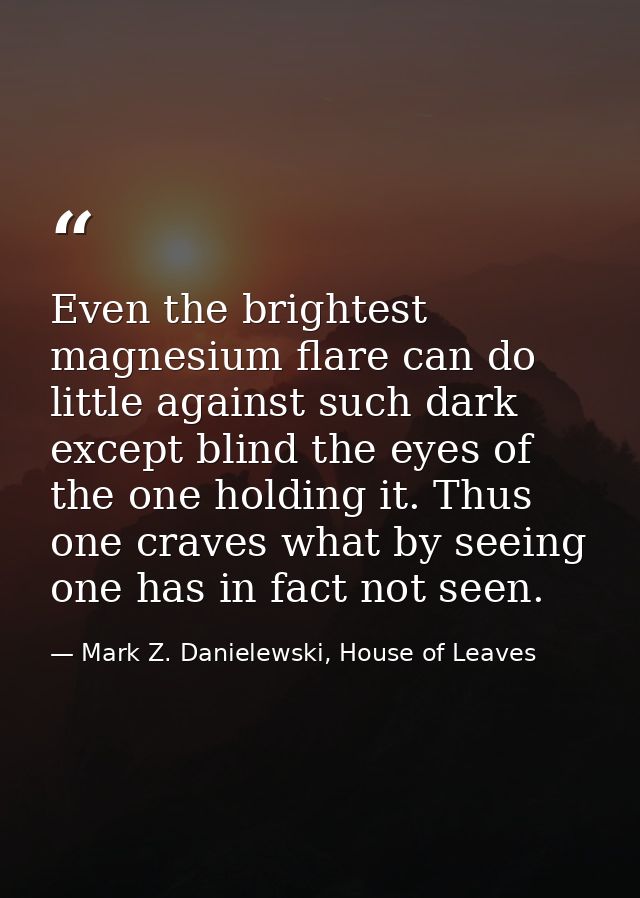Even the brightest magnesium flare can do little against such dark except blind the eyes of the one holding it. Thus one — Mark Z. Danielewski, House of Leaves