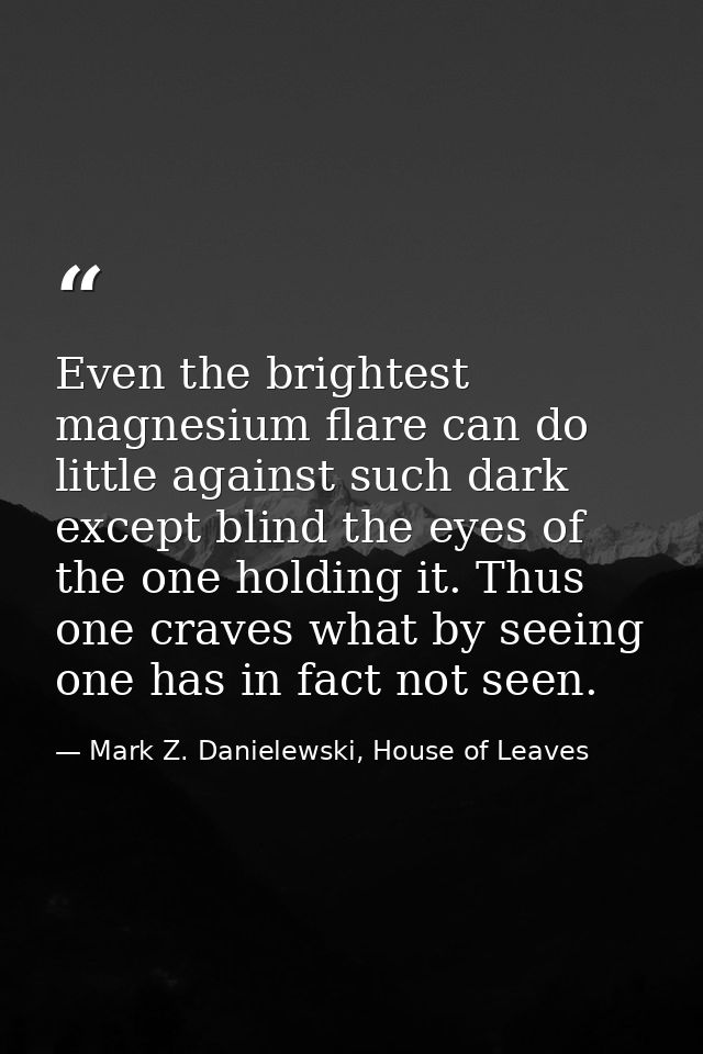 Even the brightest magnesium flare can do little against such dark except blind the eyes of the one holding it. Thus one — Mark Z. Danielewski, House of Leaves