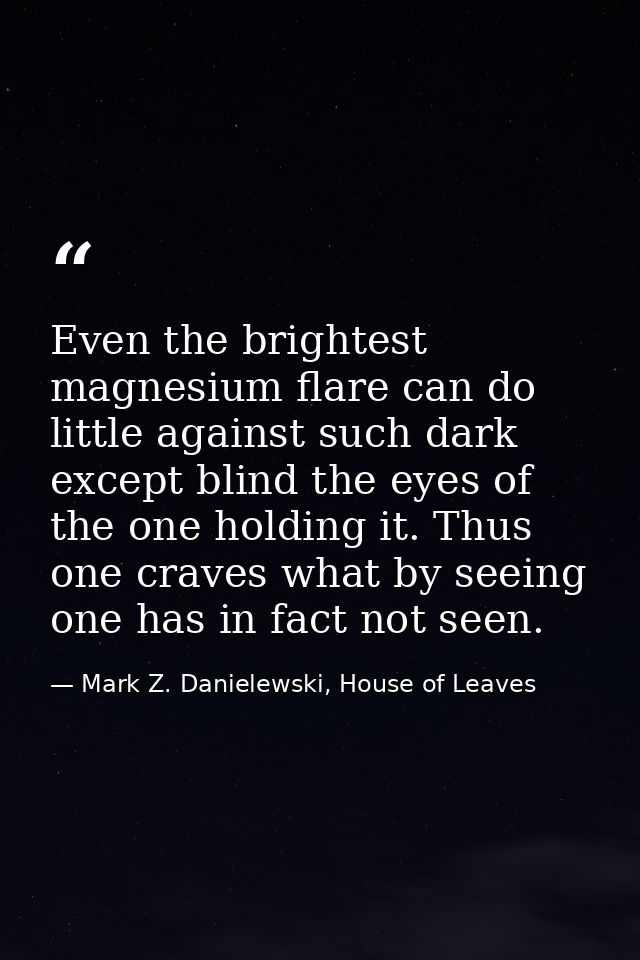 Even the brightest magnesium flare can do little against such dark except blind the eyes of the one holding it. Thus one — Mark Z. Danielewski, House of Leaves