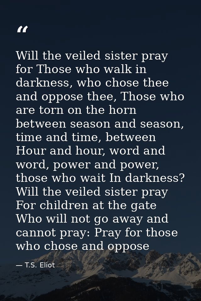 Will the veiled sister pray for Those who walk in darkness, who chose thee and oppose thee, Those who are torn on the ho — T.S. Eliot