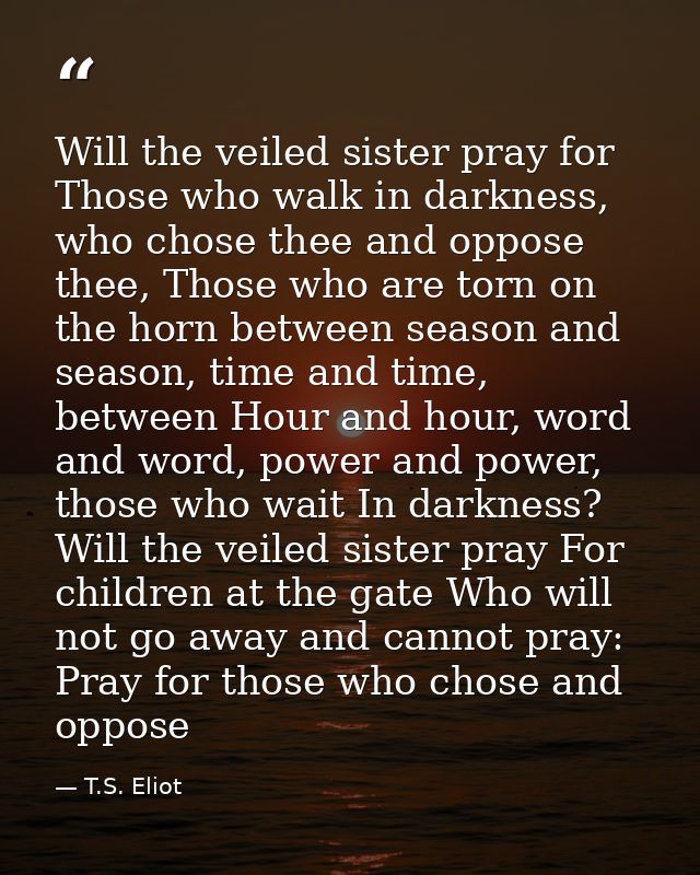 Will the veiled sister pray for Those who walk in darkness, who chose thee and oppose thee, Those who are torn on the ho — T.S. Eliot