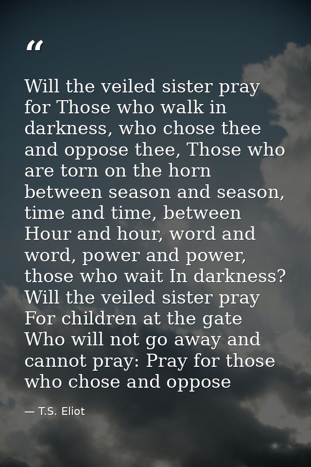 Will the veiled sister pray for Those who walk in darkness, who chose thee and oppose thee, Those who are torn on the ho — T.S. Eliot