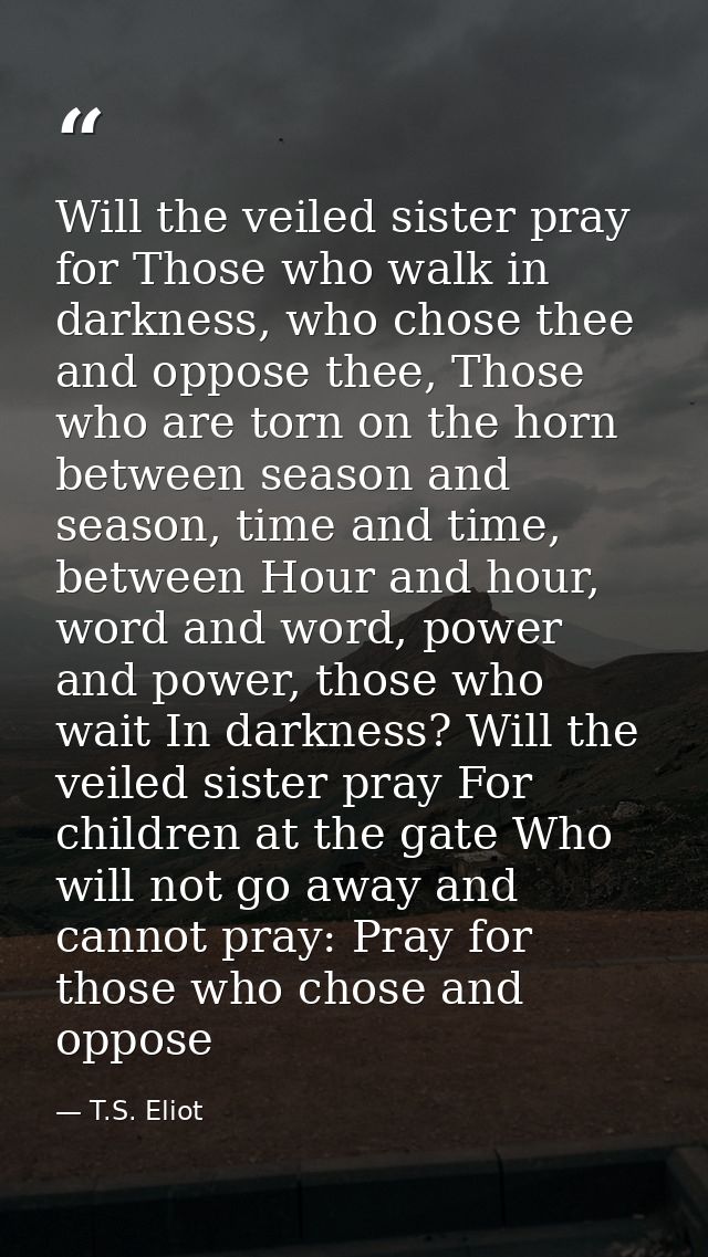 Will the veiled sister pray for Those who walk in darkness, who chose thee and oppose thee, Those who are torn on the ho — T.S. Eliot