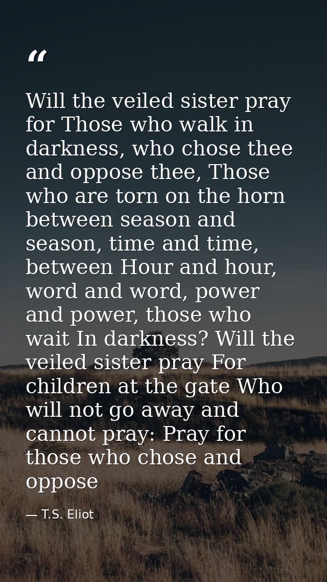 Will the veiled sister pray for Those who walk in darkness, who chose thee and oppose thee, Those who are torn on the ho — T.S. Eliot