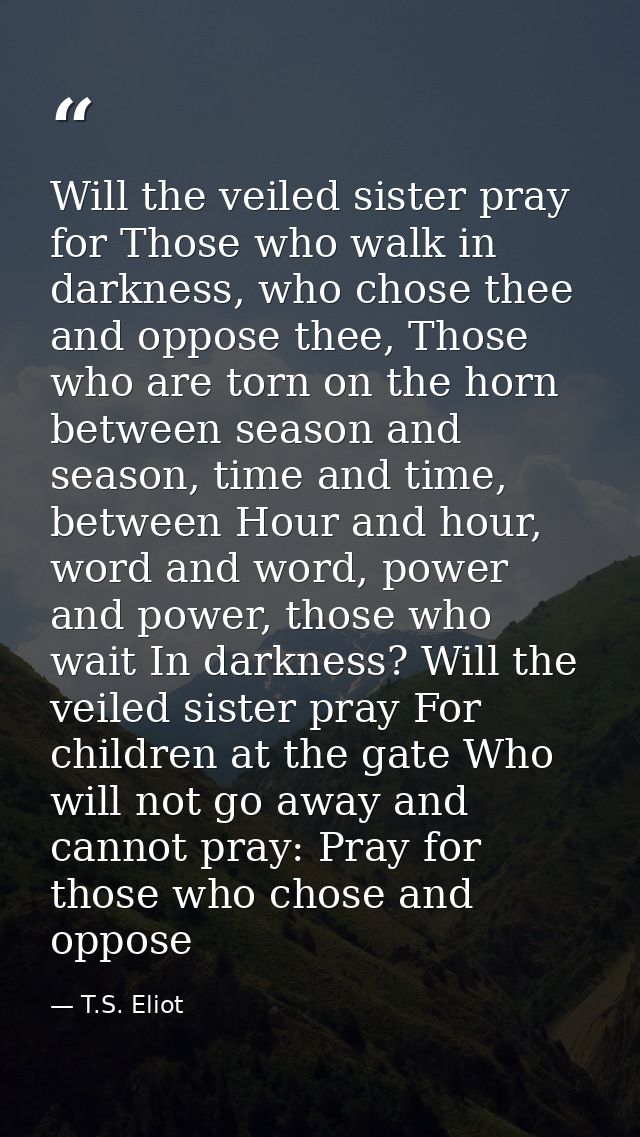 Will the veiled sister pray for Those who walk in darkness, who chose thee and oppose thee, Those who are torn on the ho — T.S. Eliot