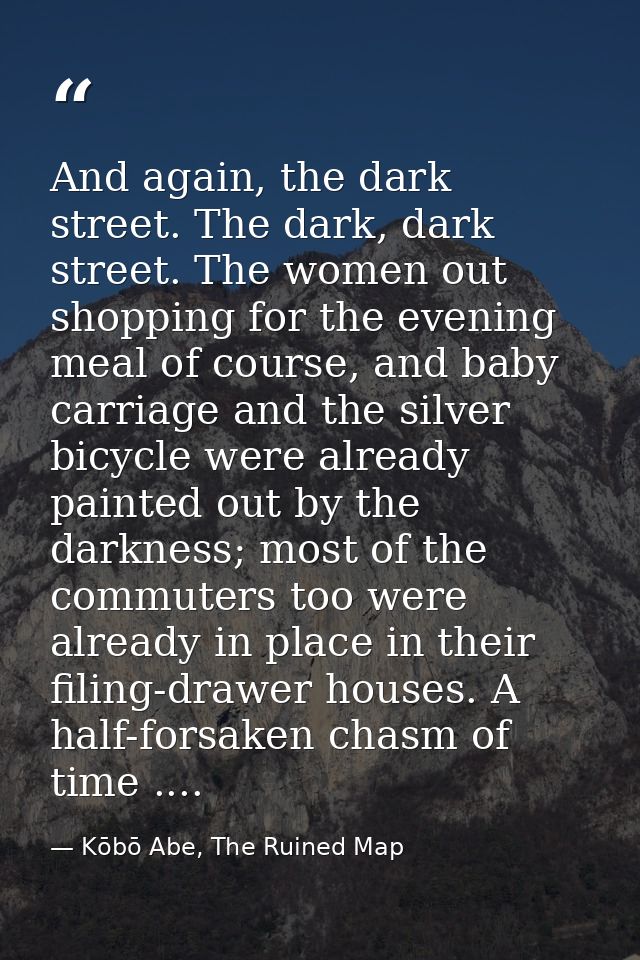 And again, the dark street. The dark, dark street. The women out shopping for the evening meal of course, and baby carri — Kōbō Abe, The Ruined Map