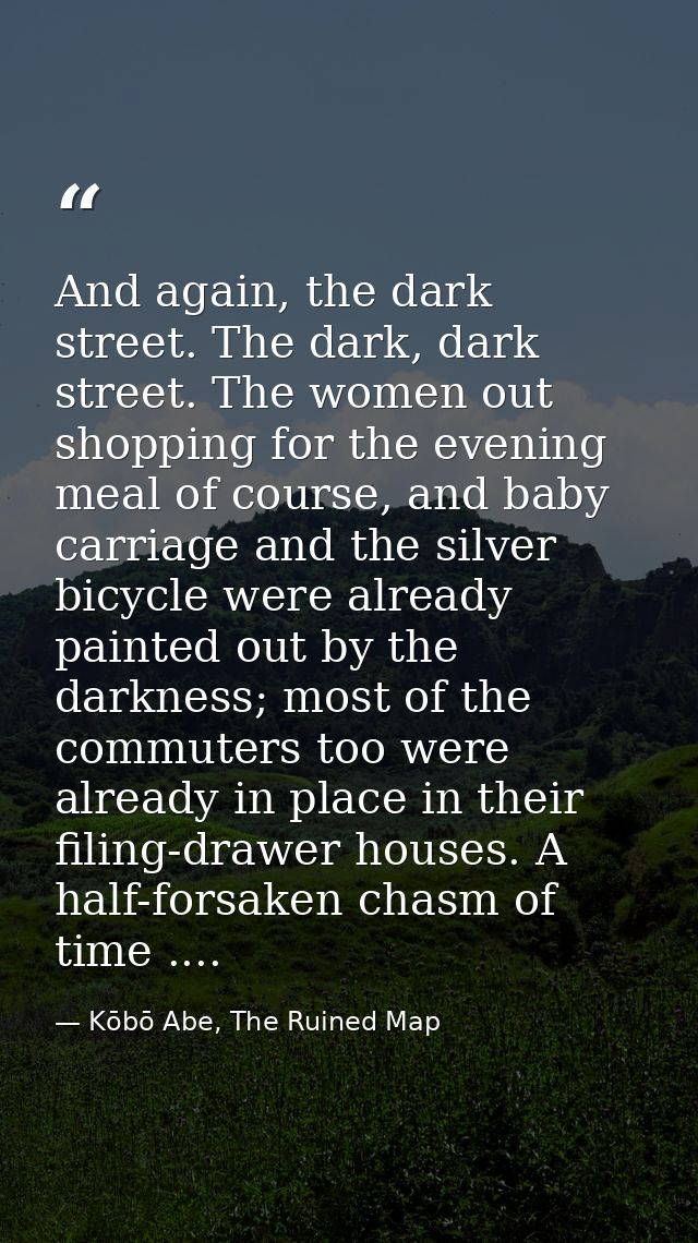 And again, the dark street. The dark, dark street. The women out shopping for the evening meal of course, and baby carri — Kōbō Abe, The Ruined Map