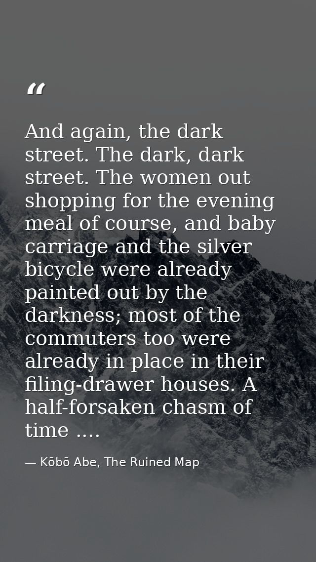 And again, the dark street. The dark, dark street. The women out shopping for the evening meal of course, and baby carri — Kōbō Abe, The Ruined Map
