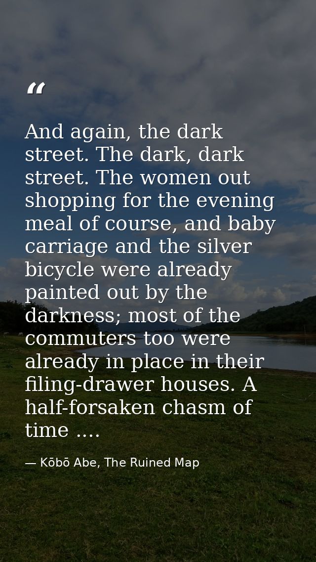 And again, the dark street. The dark, dark street. The women out shopping for the evening meal of course, and baby carri — Kōbō Abe, The Ruined Map