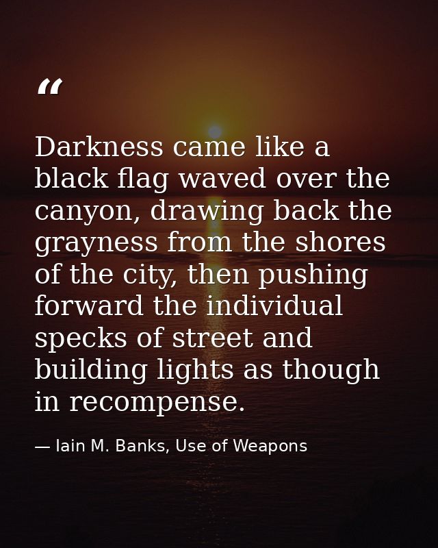 Darkness came like a black flag waved over the canyon, drawing back the grayness from the shores of the city, then pushi — Iain M. Banks, Use of Weapons
