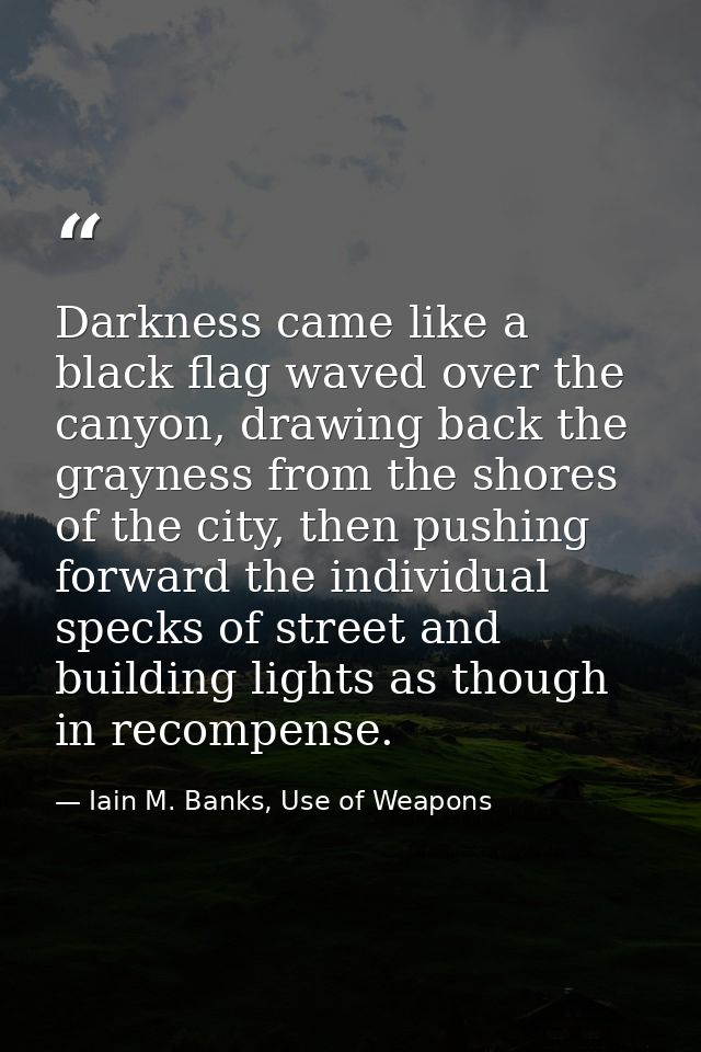 Darkness came like a black flag waved over the canyon, drawing back the grayness from the shores of the city, then pushi — Iain M. Banks, Use of Weapons