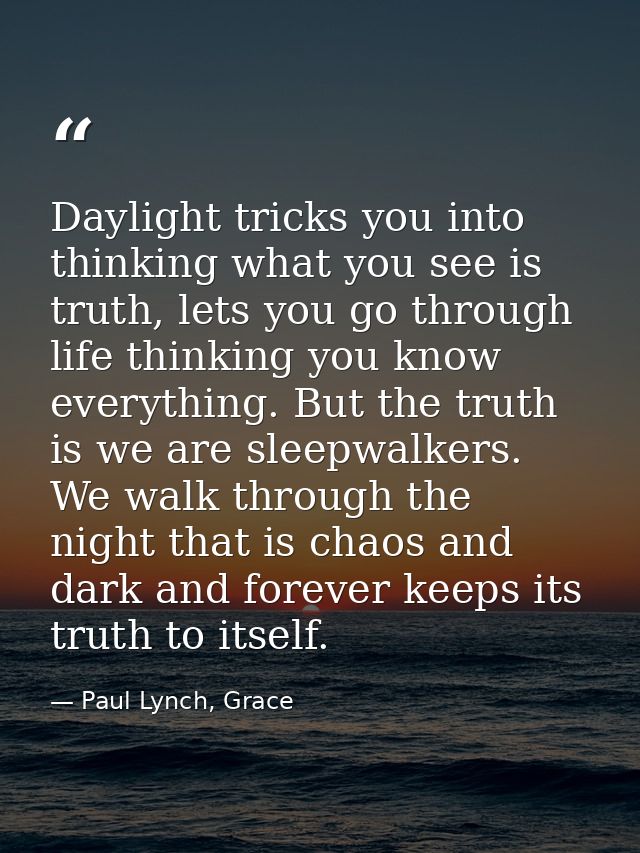 Daylight tricks you into thinking what you see is truth, lets you go through life thinking you know everything. But the  — Paul Lynch, Grace