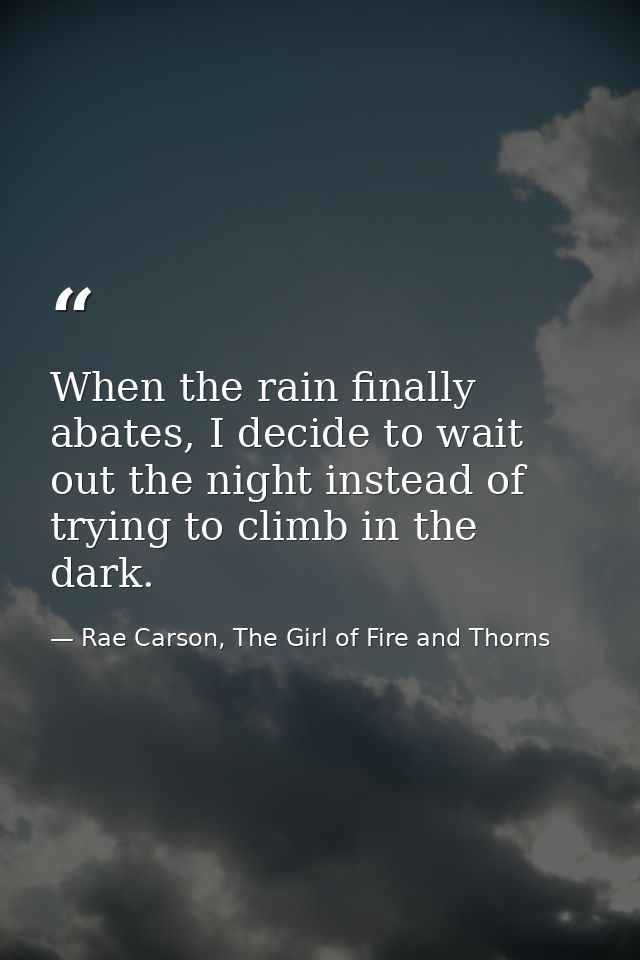 When the rain finally abates, I decide to wait out the night instead of trying to climb in the dark. — Rae Carson, The Girl of Fire and Thorns