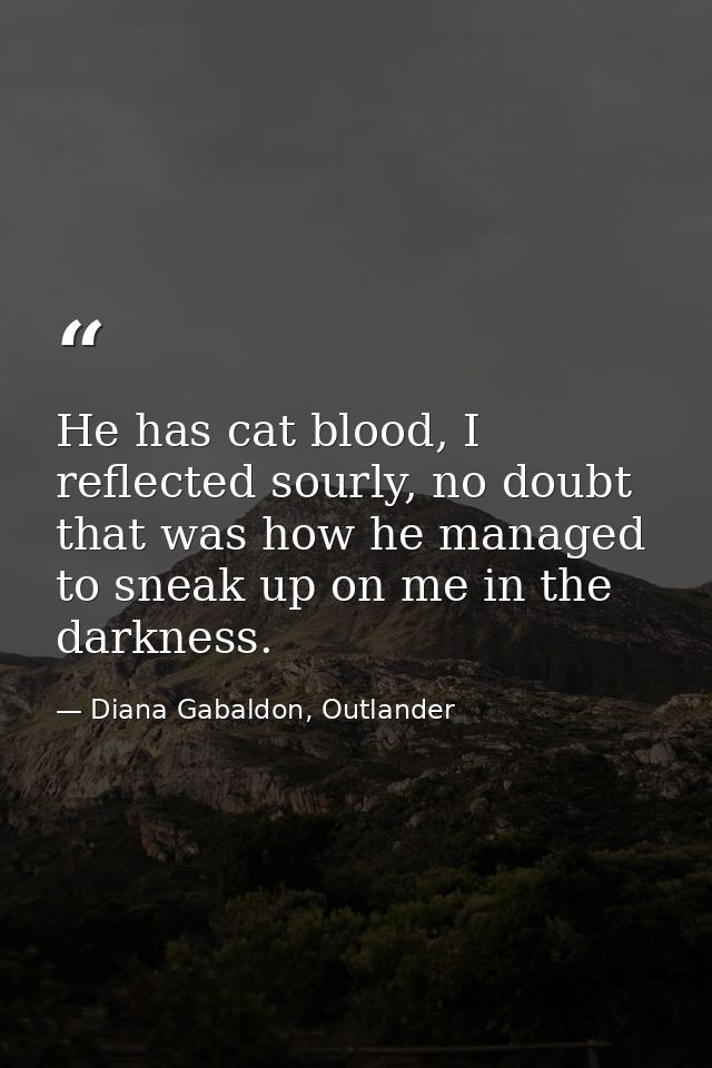 He has cat blood, I reflected sourly, no doubt that was how he managed to sneak up on me in the darkness. — Diana Gabaldon, Outlander
