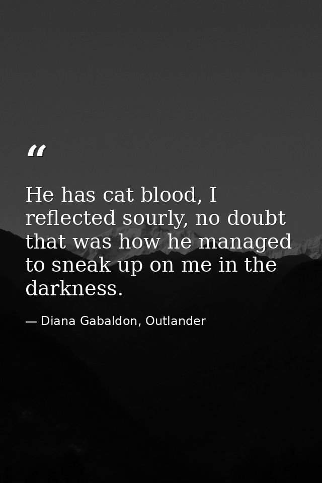 He has cat blood, I reflected sourly, no doubt that was how he managed to sneak up on me in the darkness. — Diana Gabaldon, Outlander