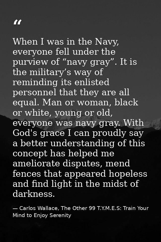 When I was in the Navy, everyone fell under the purview of “navy gray”. It is the military’s way of reminding its enlist — Carlos Wallace, The Other 99 T.Y.M.E.S: Train Your Mind to Enjoy Serenity