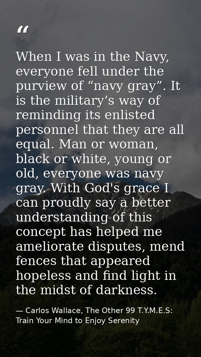 When I was in the Navy, everyone fell under the purview of “navy gray”. It is the military’s way of reminding its enlist — Carlos Wallace, The Other 99 T.Y.M.E.S: Train Your Mind to Enjoy Serenity