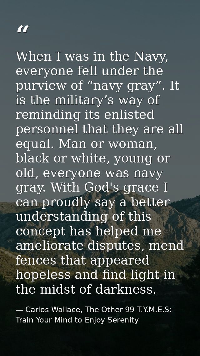 When I was in the Navy, everyone fell under the purview of “navy gray”. It is the military’s way of reminding its enlist — Carlos Wallace, The Other 99 T.Y.M.E.S: Train Your Mind to Enjoy Serenity