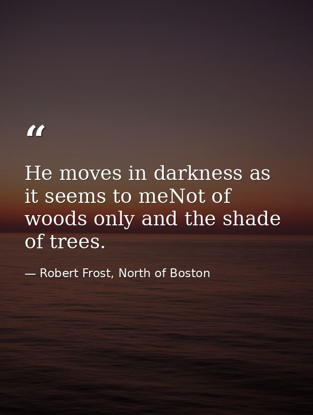 He moves in darkness as it seems to meNot of woods only and the shade of trees. — Robert Frost, North of Boston