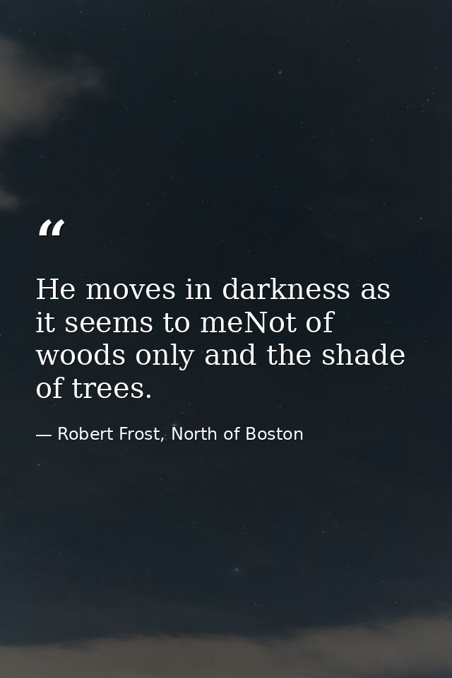 He moves in darkness as it seems to meNot of woods only and the shade of trees. — Robert Frost, North of Boston