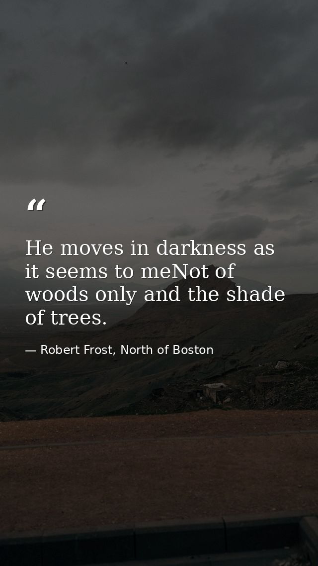 He moves in darkness as it seems to meNot of woods only and the shade of trees. — Robert Frost, North of Boston