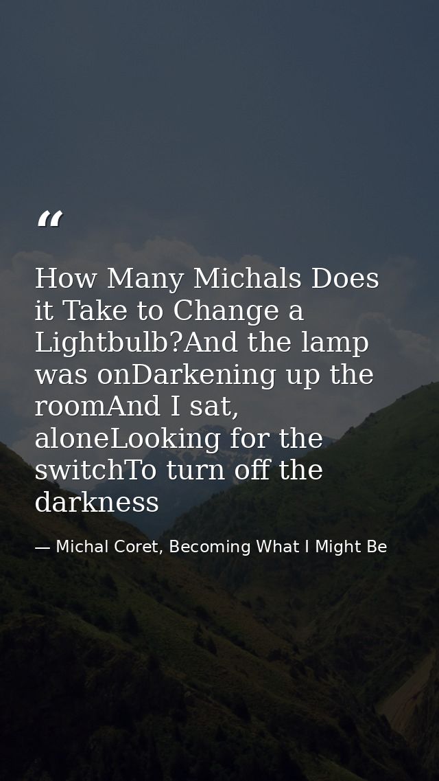 How Many Michals Does it Take to Change a Lightbulb?And the lamp was onDarkening up the roomAnd I sat, aloneLooking for  — Michal Coret, Becoming What I Might Be