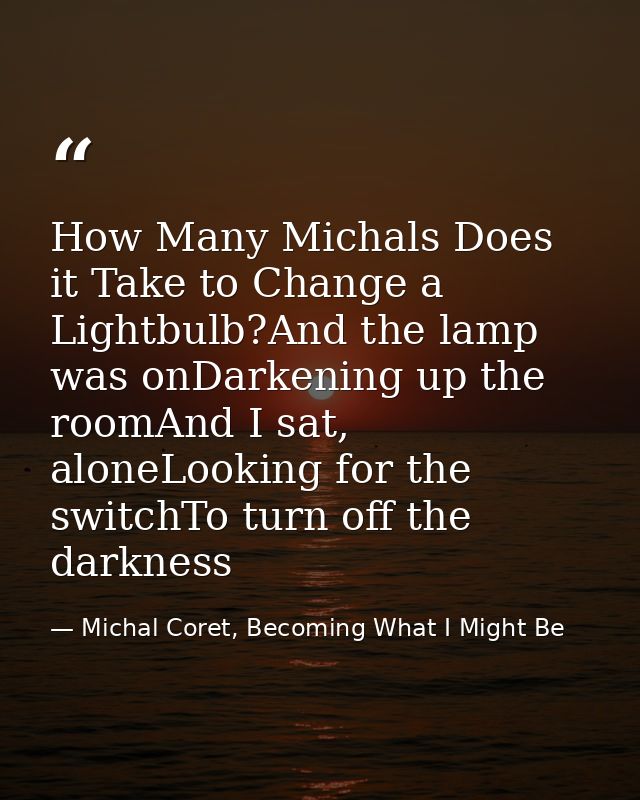How Many Michals Does it Take to Change a Lightbulb?And the lamp was onDarkening up the roomAnd I sat, aloneLooking for  — Michal Coret, Becoming What I Might Be