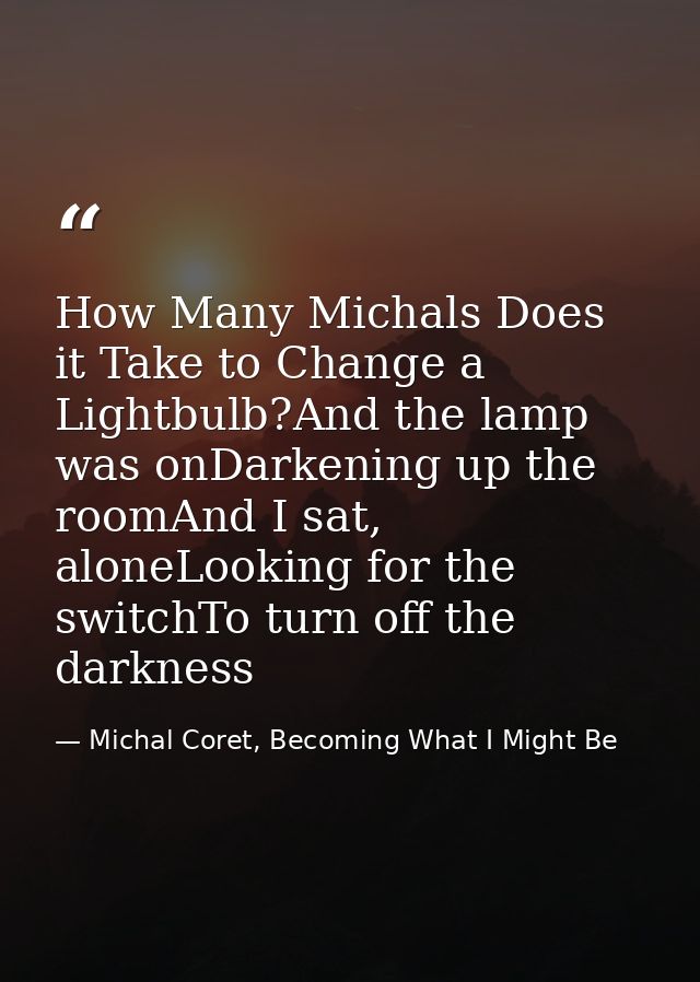 How Many Michals Does it Take to Change a Lightbulb?And the lamp was onDarkening up the roomAnd I sat, aloneLooking for  — Michal Coret, Becoming What I Might Be