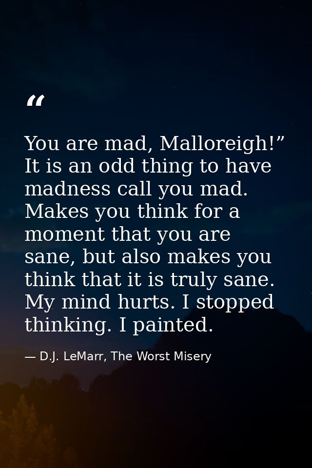 You are mad, Malloreigh!” It is an odd thing to have madness call you mad. Makes you think for a moment that you are san — D.J. LeMarr, The Worst Misery