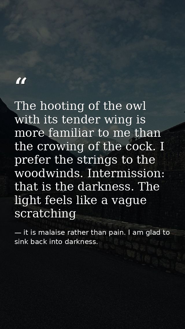 The hooting of the owl with its tender wing is more familiar to me than the crowing of the cock. I prefer the strings to — it is malaise rather than pain. I am glad to sink back into darkness.