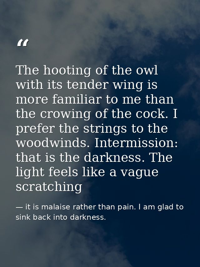 The hooting of the owl with its tender wing is more familiar to me than the crowing of the cock. I prefer the strings to — it is malaise rather than pain. I am glad to sink back into darkness.