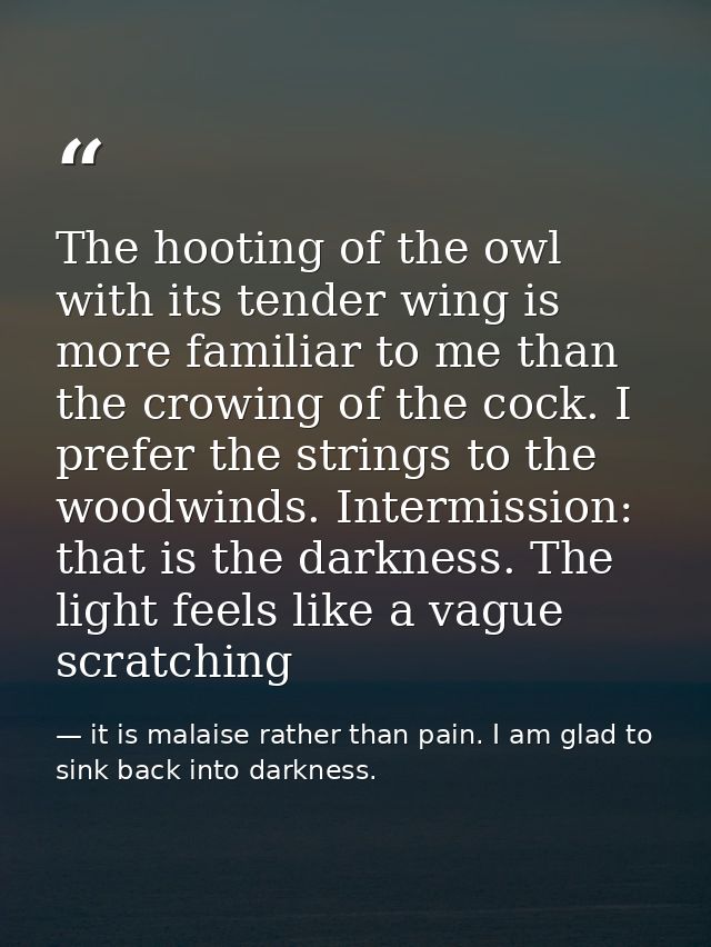 The hooting of the owl with its tender wing is more familiar to me than the crowing of the cock. I prefer the strings to — it is malaise rather than pain. I am glad to sink back into darkness.