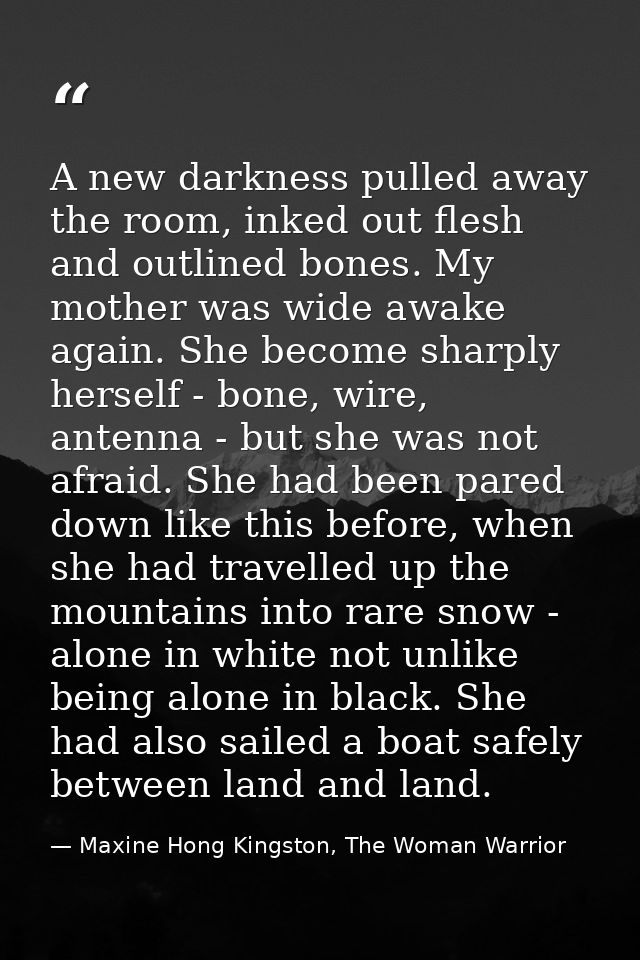 A new darkness pulled away the room, inked out flesh and outlined bones. My mother was wide awake again. She become shar — Maxine Hong Kingston, The Woman Warrior