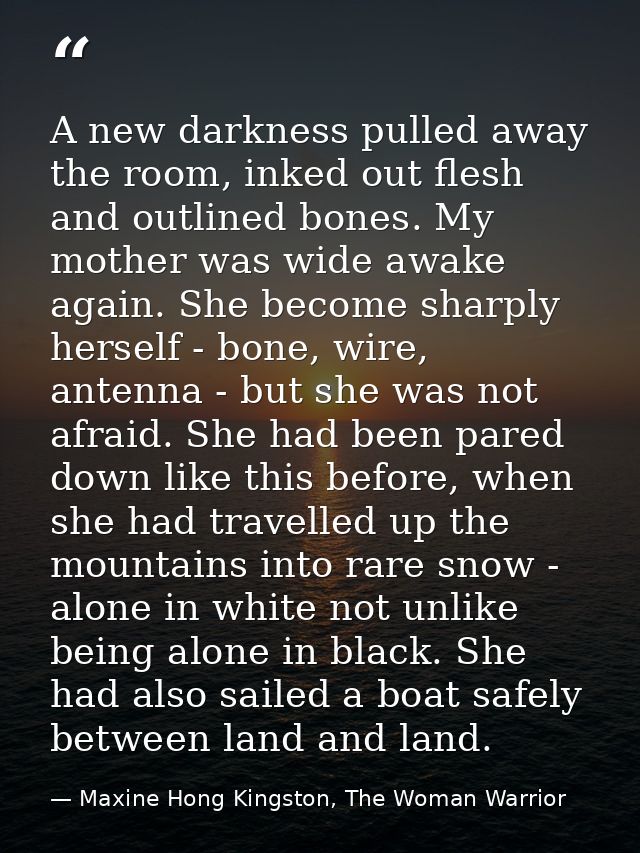 A new darkness pulled away the room, inked out flesh and outlined bones. My mother was wide awake again. She become shar — Maxine Hong Kingston, The Woman Warrior
