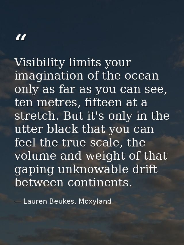 Visibility limits your imagination of the ocean only as far as you can see, ten metres, fifteen at a stretch. But it's o — Lauren Beukes, Moxyland