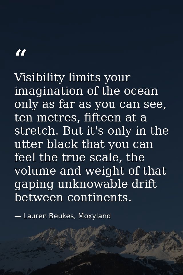 Visibility limits your imagination of the ocean only as far as you can see, ten metres, fifteen at a stretch. But it's o — Lauren Beukes, Moxyland