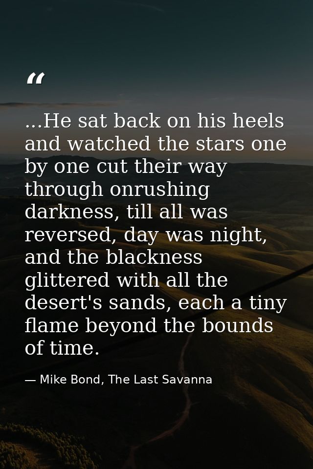...He sat back on his heels and watched the stars one by one cut their way through onrushing darkness, till all was reve — Mike Bond, The Last Savanna