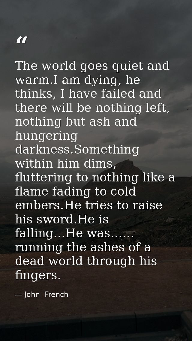 The world goes quiet and warm.I am dying, he thinks, I have failed and there will be nothing left, nothing but ash and h — John  French