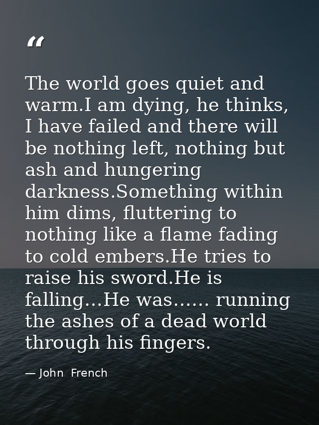 The world goes quiet and warm.I am dying, he thinks, I have failed and there will be nothing left, nothing but ash and h — John  French