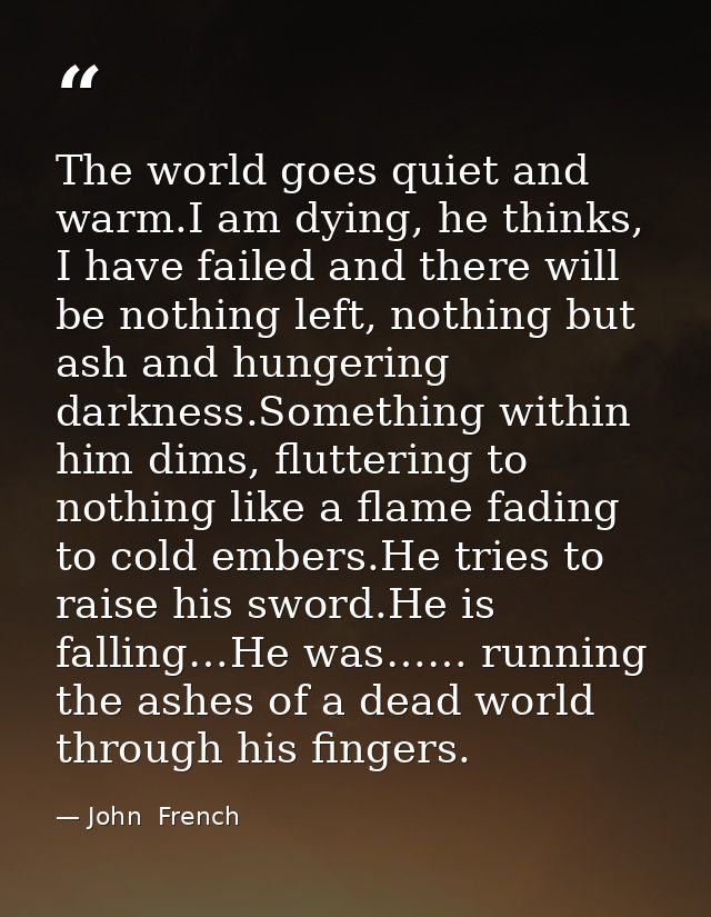 The world goes quiet and warm.I am dying, he thinks, I have failed and there will be nothing left, nothing but ash and h — John  French