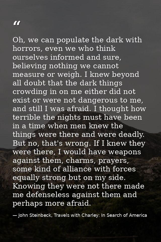 Oh, we can populate the dark with horrors, even we who think ourselves informed and sure, believing nothing we cannot me — John Steinbeck, Travels with Charley: In Search of America