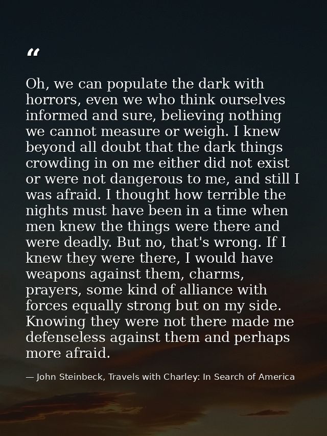 Oh, we can populate the dark with horrors, even we who think ourselves informed and sure, believing nothing we cannot me — John Steinbeck, Travels with Charley: In Search of America
