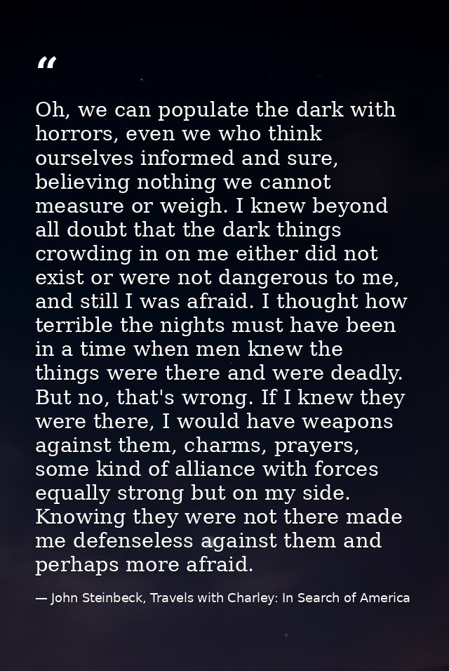 Oh, we can populate the dark with horrors, even we who think ourselves informed and sure, believing nothing we cannot me — John Steinbeck, Travels with Charley: In Search of America